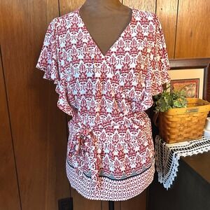LOFT Womens Red‎ Floral Print Tie Waist Flutter Sleeve V Neck Blouse Top